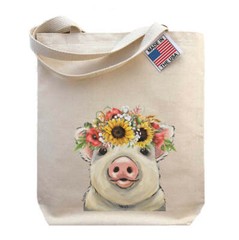 Colorful Sunflower Pig Tote Bag, ‘Paisley’ Fall Sunflower Pig Gifts