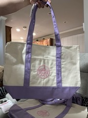 Trader Joe’s Foldable Canvas Reusable Shopping Bag Beige Purple