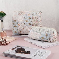 2Pcs Quilted Cotton Makeup Bag Large 9.4*6.7*3.5 inches, Ah-blue flower bee