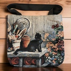 Gardening Cat/Kitty Tapestry Tote Bag Beach Shopping Shoulder Bag 15″Tx17″W EC
