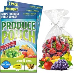 Produce Pouch 30-Pack (15M, 15L) – Extend Shelf 30 Count (Pack of 1), clear