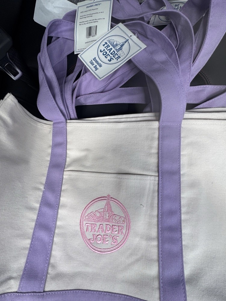 Brand New Trader Joe’s Reusable Foldable Canvas Tote Bag Purple Beige Color