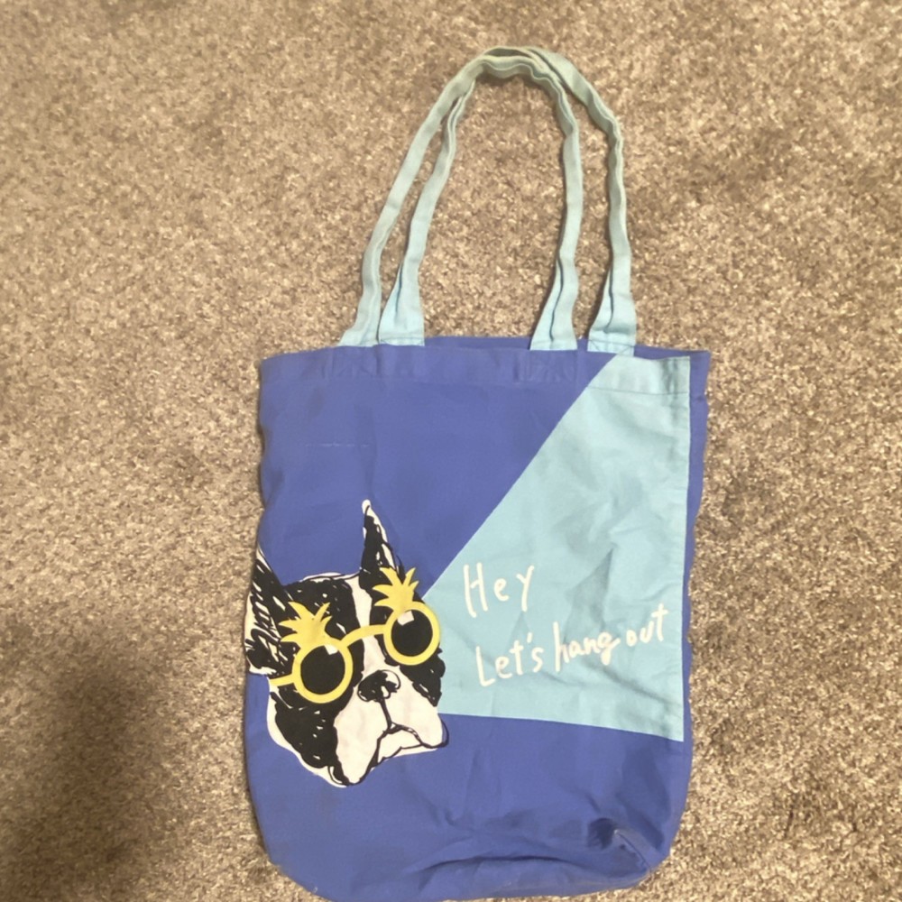 Blue Canvas Foldable Tote with Dog Print and ‘Hey Let’s Hang Out’ Text, 15x13in