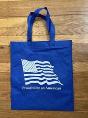 Proud To Be An American Blue Tote Shopping Grocery Bag Flag Stars 14” X 13.5”