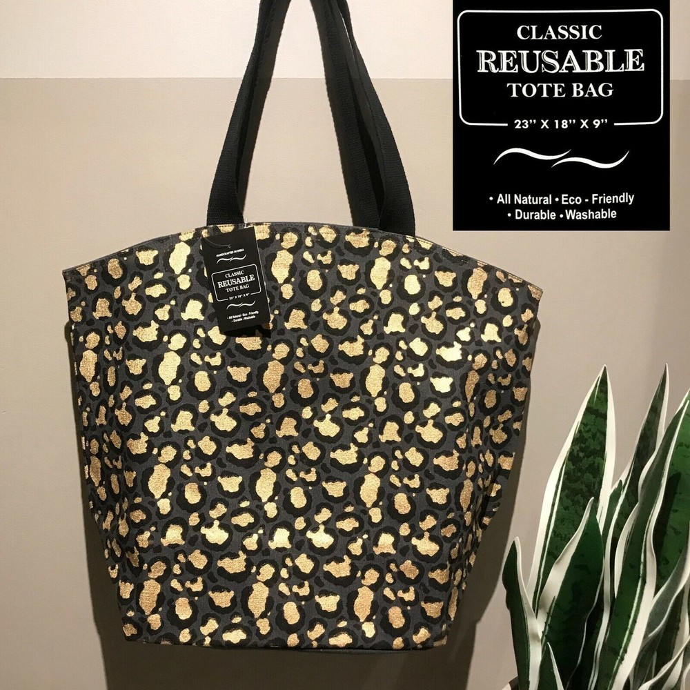 New Large REUSABLE TOTE BAG Cotton Canvas Leopard Together Change Lightning Bolt