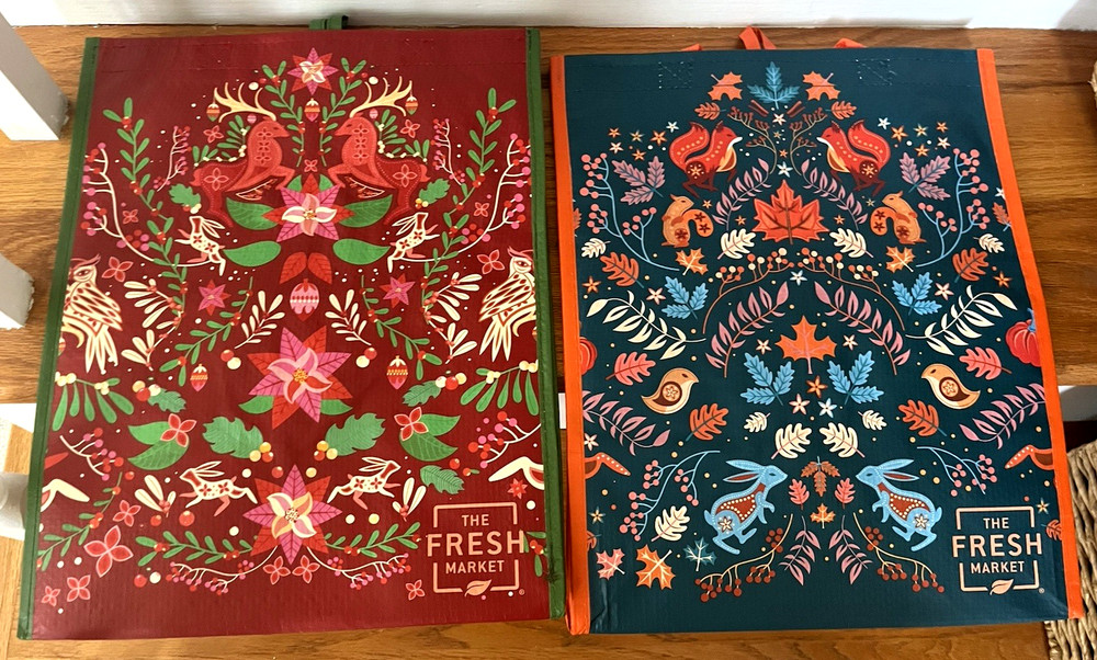2 The Fresh Market Reusable Shopping Bags Keep Cool Fall Christmas 12 x 8 x 15